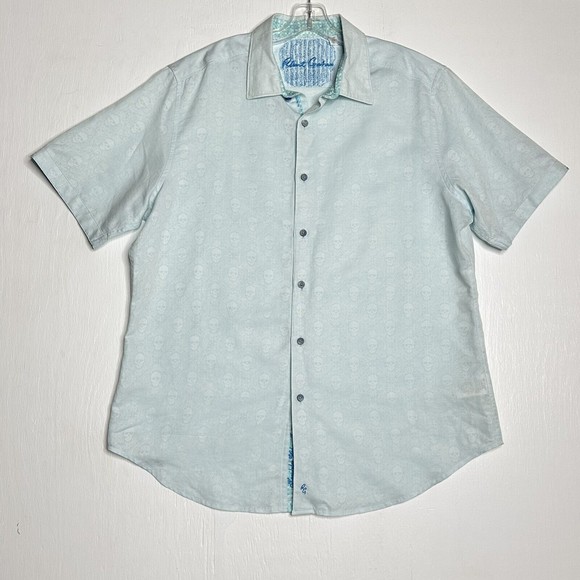 Robert Graham Mens Linen Button Down Shirt Size XL Light Blue Skull Print - Picture 1 of 12